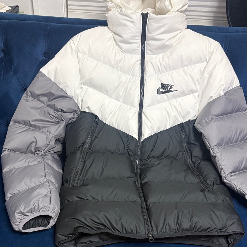 Nike Tri-Tone Puffer Jacket in White, Gray, and Black